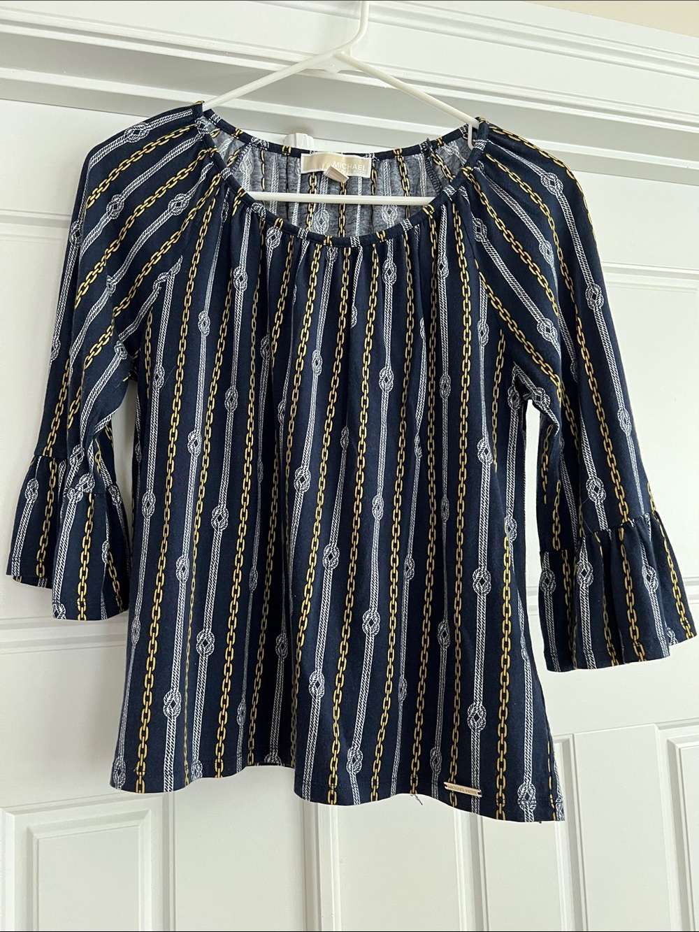 Michael Kors Navy Chain-Print Peasant Blouse with Gold Accents